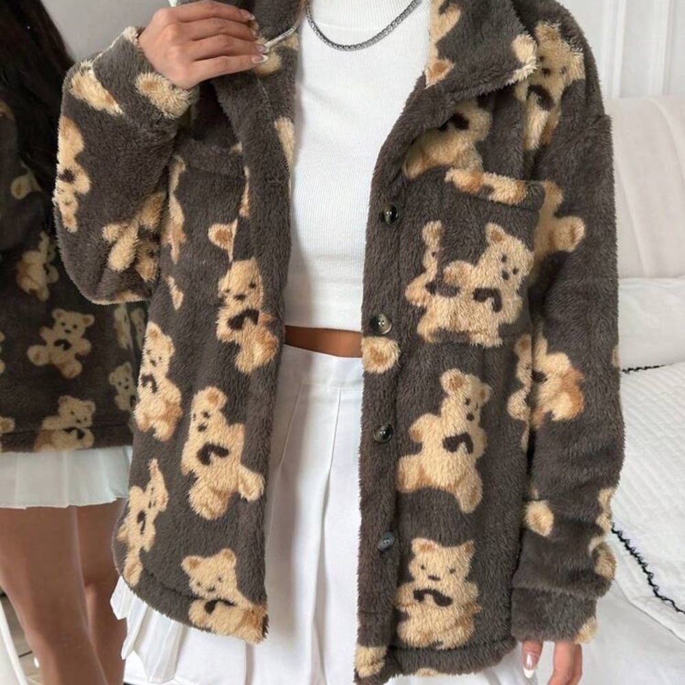 Gorgeous Large Brown Teddy Print Furry Button Down Collared Sweater PC 🖤 - Picture 5 of 16
